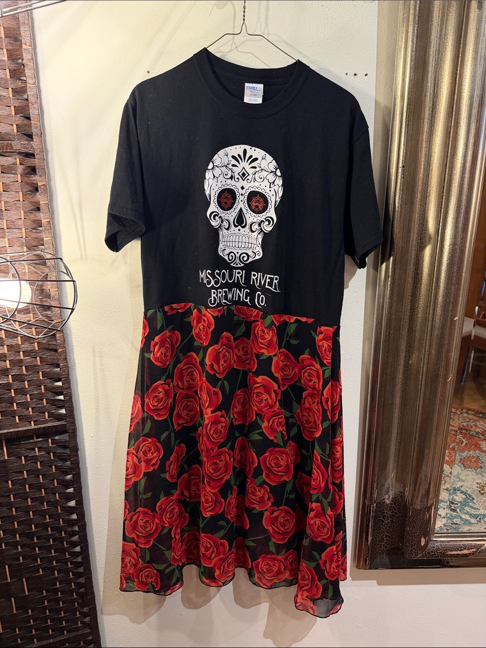 OOAK Upcycled Sugar Skull Brewery Black & Red Rose Dress